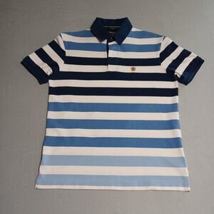 Fahrenheit Rugby Mens Blue White Striped Short Sleeve Polo Shirt Size M Crest